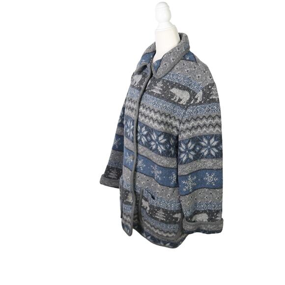 Vintage 90s David Brooks grey and blue polar bear snowflake blanket coat M - Picture 3 of 8